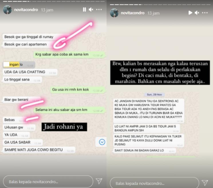 Novita Condro bongkar isi chat yang diduga dari Kapten Vincent (Instagram.com)