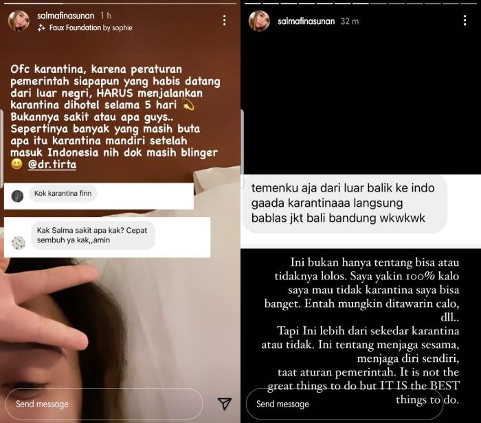 Salmafina Sunan karantina mandiri. (Instagram/@salmafinasunan)