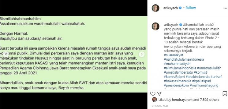 Postingan Atalarik Syach. (Instagram/@ariksyach)