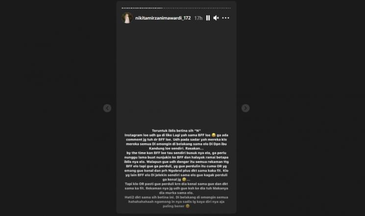 Nikita Mirzani semprot artis N. (Instagram/nikitamirzanimawardi_172)