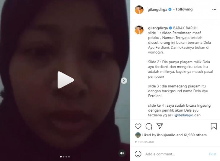 Gilang Dirga klarifikasi soal kasus dugaan penghinaan istrinya. (Instagram/gilangdirga)