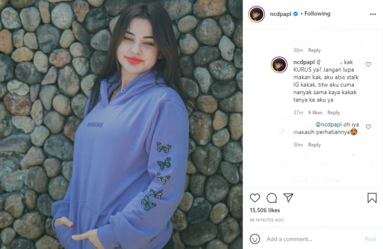 Nora Alexandra balas komentar netizen julid. (Instagram/ncdpapl)