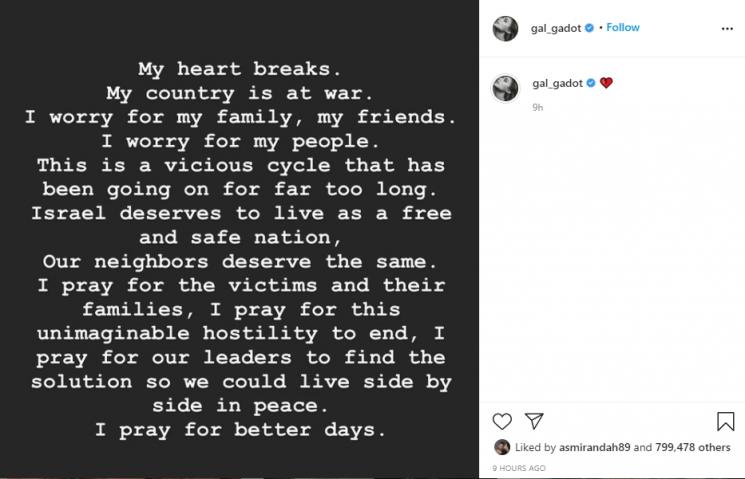 Gal Gadot komentari konflik Israel - Palestina. (Instagram/gal_gadot)