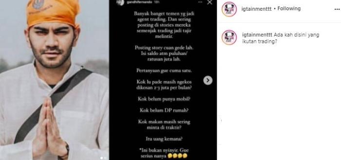 Gandhi Fernando sindir agent trading ngaku kaya tapi ngekos. (Instagram/@igtainmenttt)
