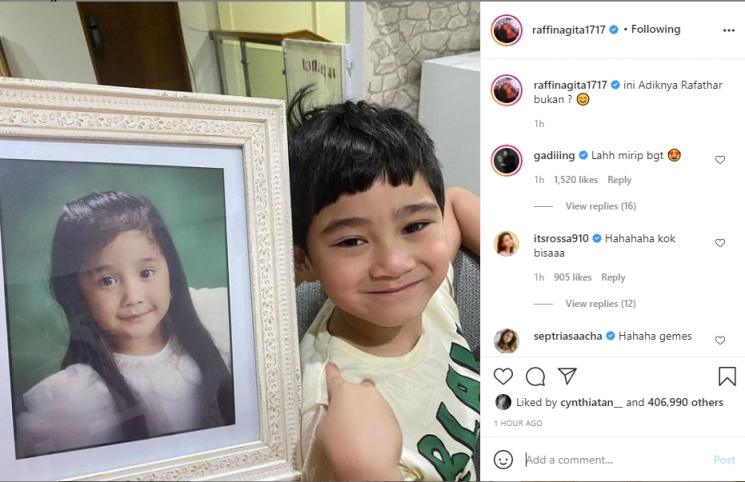 Nagita Slavina sandingkan foto masa kecilnya dengan Rafathar. (Instagram/raffinagita1717)