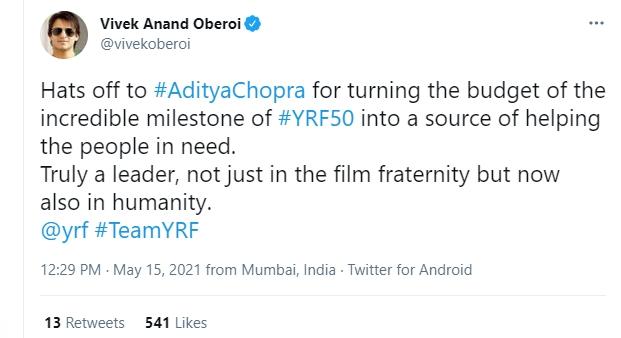 Vivek Oberoi puji Aditya Chopra (Twitter/@vivekoberoi)