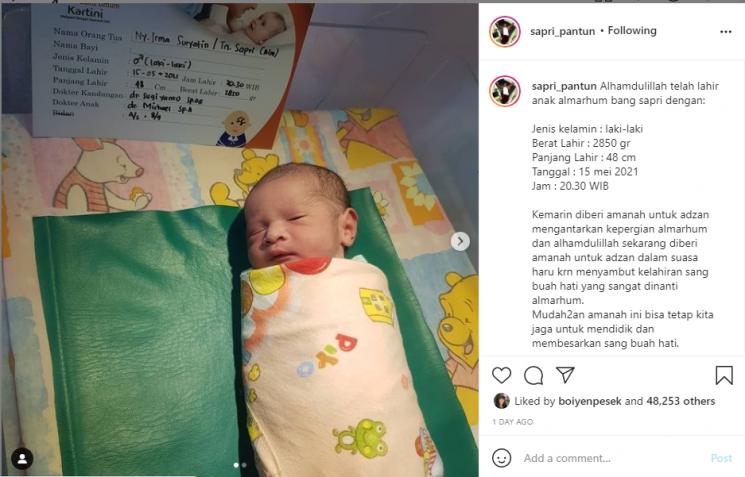 Anak Kedua Sapri Pantun Lahir. (Instagram/sapri_pantun)