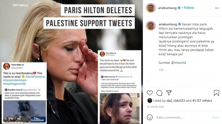 Arie Untung kasihan pada Paris Hilton yang dikabarkan hapus cuitan dukung Palestina. (Instagram/arieuntung)