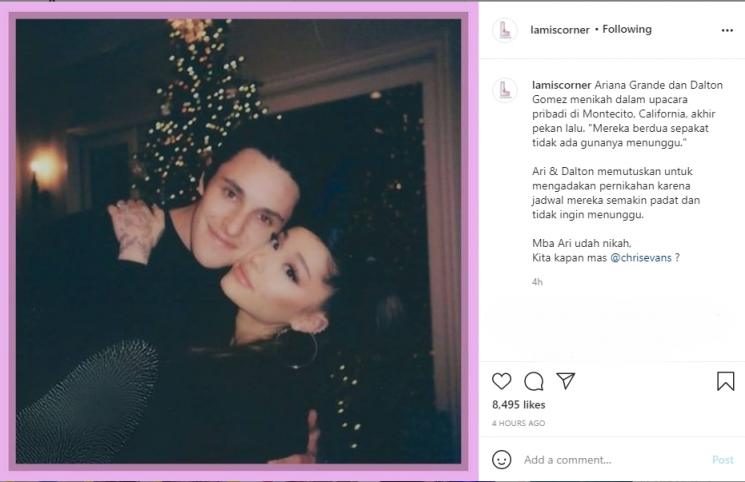 Ariana Grande dan Dalton Gomez menikah. (Instagram/lamiscorner)