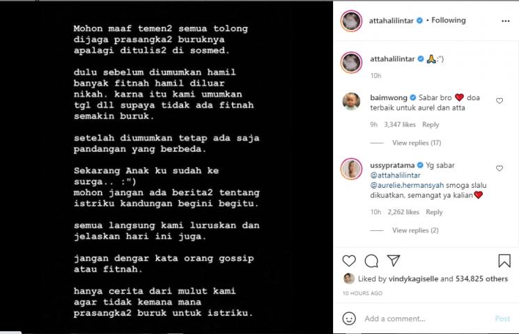 Atta Halilintar curhat emosional usai Aurel Hermansyah keguguran. (Instagram/attahalilintar)