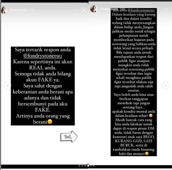 Shandy Aulia respons DM netizen yang mencibir anaknya. (Instagram/shandyaulia)