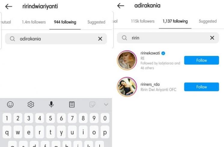Ririn Dwi Ariyanti dan Adira Kania saling unfollow. (Instagram)