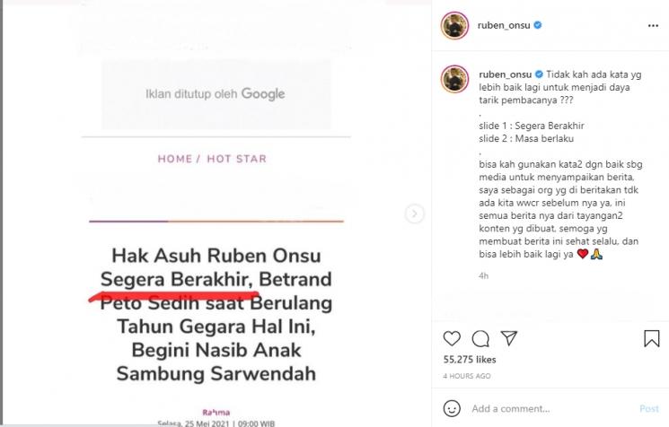 Ruben Onsu kecewa terhadap pemberitaan soal hak asuh Betrand Peto. (Instagram/ruben_onsu)