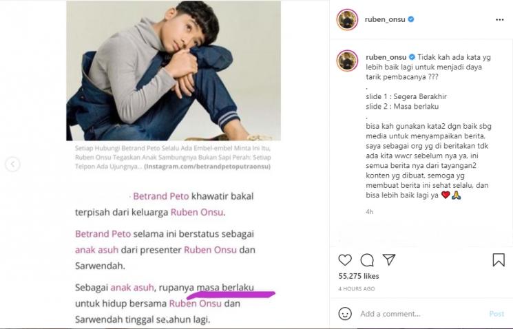 Ruben Onsu kecewa terhadap pemberitaan soal hak asuh Betrand Peto. (Instagram/ruben_onsu)
