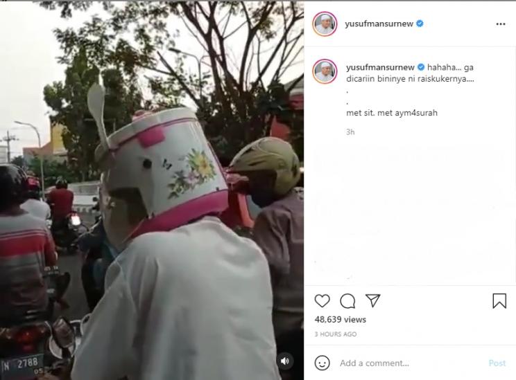 Ustaz Yusuf Mansur menyoroti pemotor yang mengenakan helm rice cooker. (Instagram/yusufmansurnew)