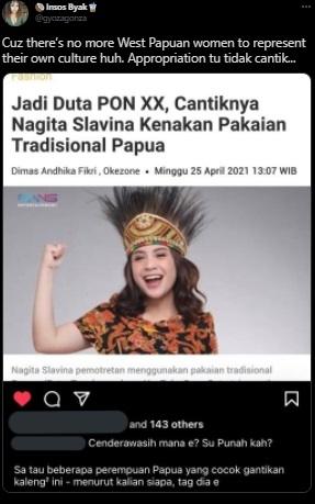 Nagita Slavina kenakan pakaian adat Papua diprotes. (Twitter)