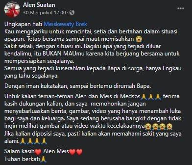 Curhat pilu Meiskewaty, calon istri pengantin pria yang lompat dari hotel di Manado. (Facebook/AlenSuatan)