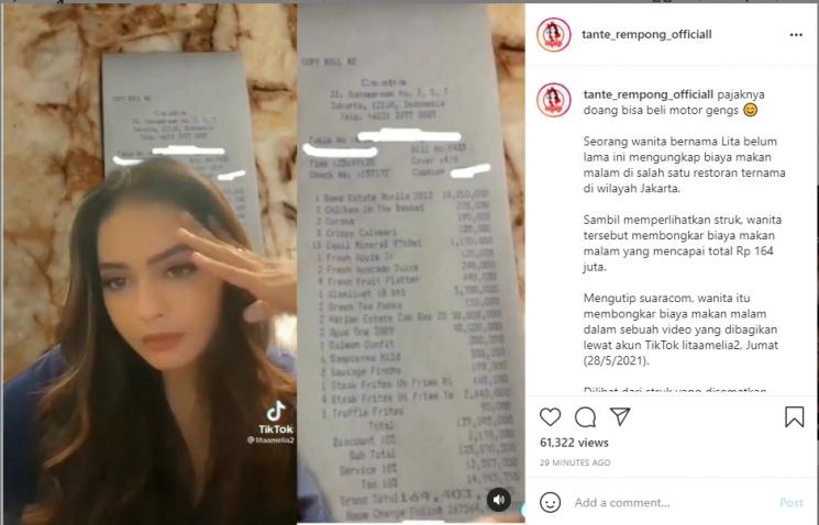 Viral Cewek Makan di Restoran Habis Rp164 Juta, Bentuk Bon Jadi Perdebatan. (TikTok, Instagram)