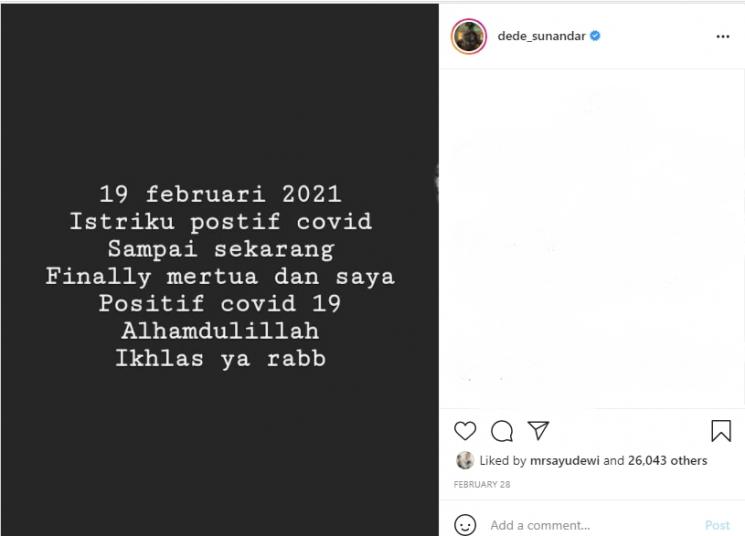 Dede Sunandar Sempat Terpapar Covid-19 (instagram/@dede_sunandar)  