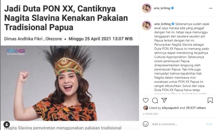 Arie Kriting soroti penunjukkan Nagita Slavina sebagai Duta PON XX Papua. (Instagram/arie_kriting)