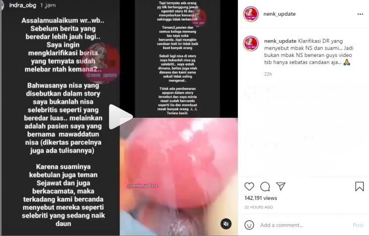 Sempat Viral Sebut Ayus Suami Nissa Sabyan, Dokter Kandungan Beri Klarifikasi. (Instagram/nenk_update)
