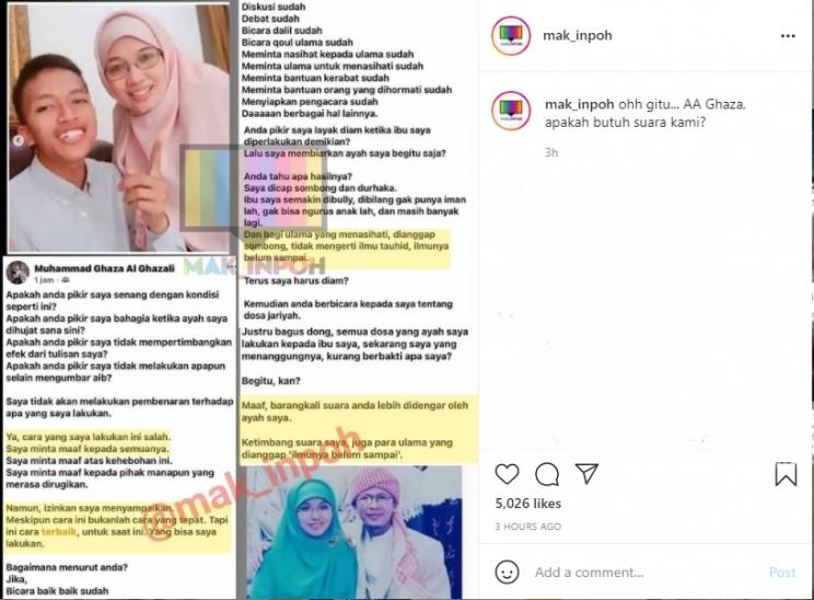 Beredar pengakuan anak Aa Gym usai membongkar sikap buruk ayahnya ke Teh Ninih. (Instagram/mak_inpoh)