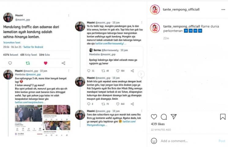Ria Ricis dikiritik karena membuat konten YouTube saat ayahnya meninggal dunia. (Instagram/tante_rempong_officiall, Twitter/mazzini_gsp)