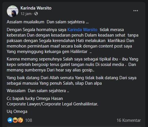 Permintaan maaf akun Facebook Karinda Warsito. (Facebook)
