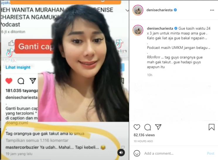 Denise Chariesta desak Deddy Corbuzier minta maaf. (Instagram/denisechariesta)