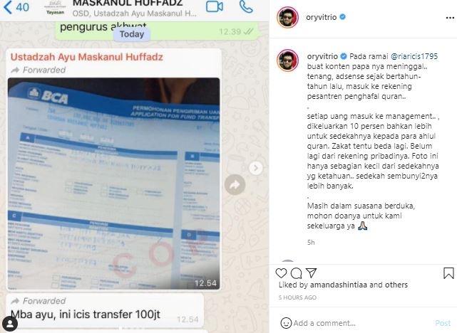 Ria Ricis sedekah ratusan juta dari konten Youtube. (Instagram/@oryvitrio)
