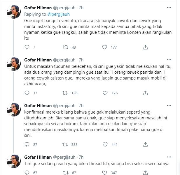 Gofar Hilman klarifikasi soal tuduhan pelecehan seksual. (Twitter/pergijauh)
