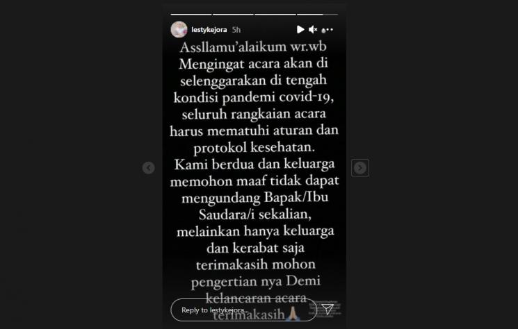 Permohonan maaf Lesti Kejora jelang acara lamaran dengan Rizky Billar. (Instagram/lestykejora)