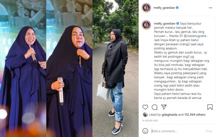 Melly Goeslaw curhat soal perubahan bentuk tubuhnya. (Instagram/melly_goeslaw)