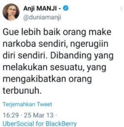 Cuitan lama Anji soal narkoba. (Twitter)