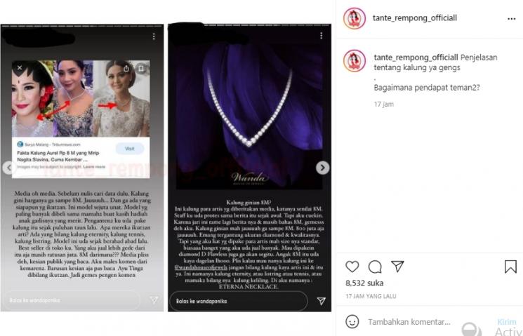 Postingan netizen yang bahas kalung artis Rp8 miliar (Instagram.com)