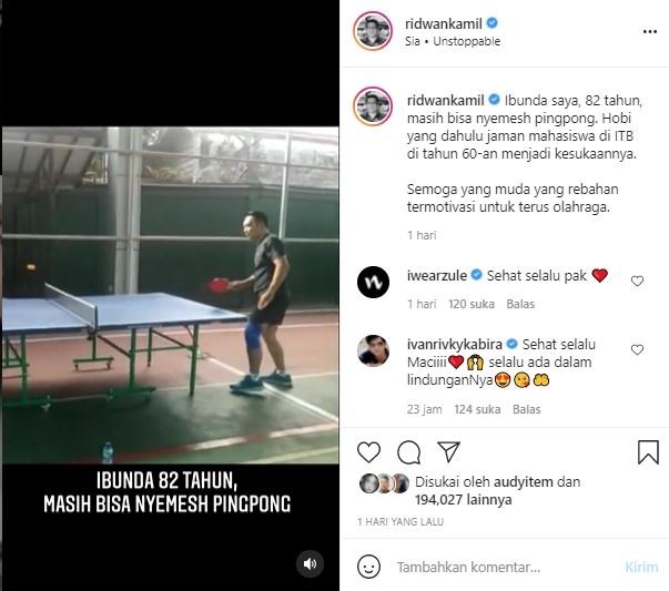 Skill bermain pingpong ibunda Ridwan Kamil tidak main-main (Instagram)