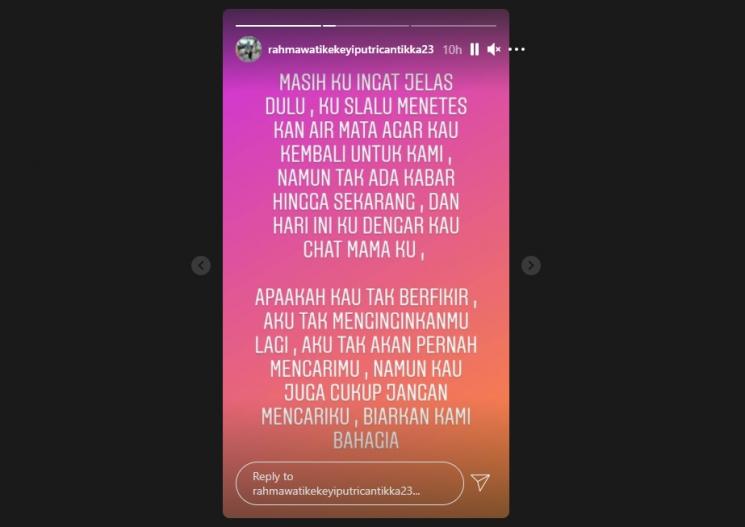 Kekeyi curhat pilu. (Instagram/rahmawatikekeyiputricantikka23)