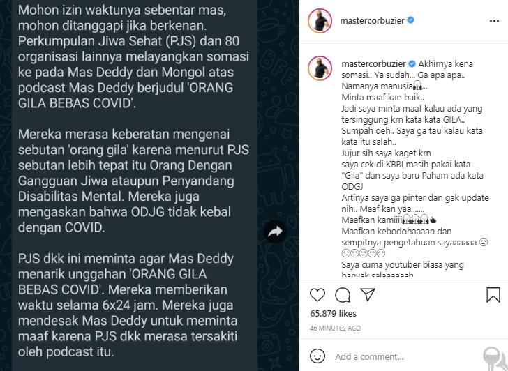 Postingan Deddy Corbuzier (Instagram.com)