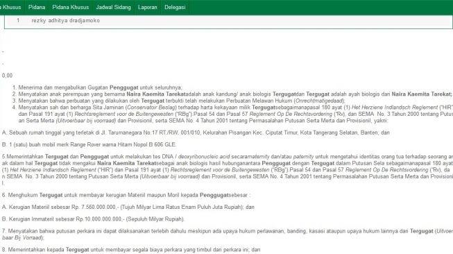 Isi tuntutan perempuan berinisia W terhadap Rezky Aditya. [Caputre situs PN Tangerang]