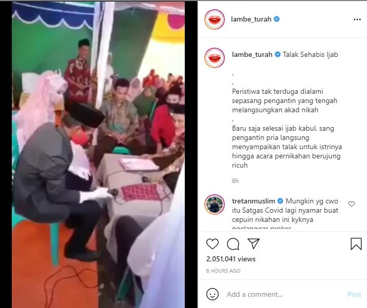 Viral Suami Langsung Talak Cerai Istri Usai Ijab Kabul. (Instagram/lambe_turah)