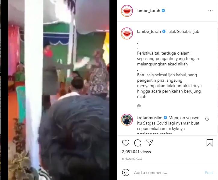 Viral Suami Langsung Talak Cerai Istri Usai Ijab Kabul. (Instagram/lambe_turah)