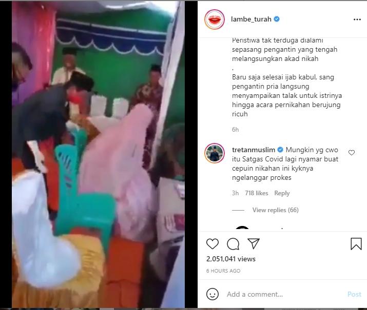 Viral Suami Langsung Talak Cerai Istri Usai Ijab Kabul. (Instagram/lambe_turah)