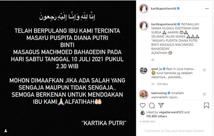 Ibunda Kartika Putri meninggal dunia. (Instagram/kartikaputriworld)