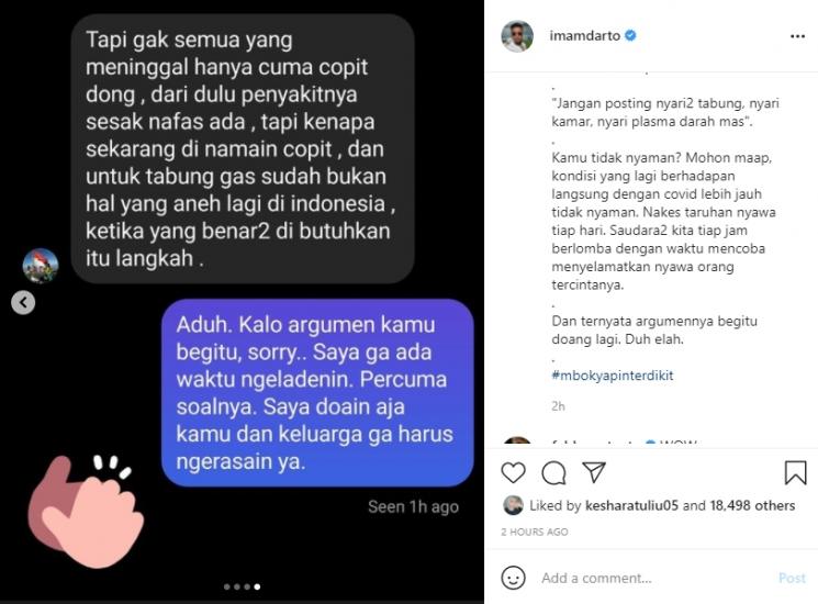 Imam Darto adu argumen dengan netizen yang nyinyir soal Covid-19. (Instagram/imamdarto)