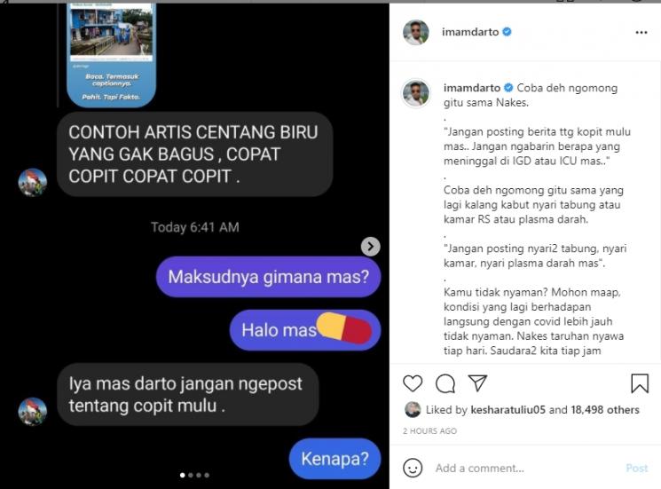 Imam Darto adu argumen dengan netizen yang nyinyir soal Covid-19. (Instagram/imamdarto)