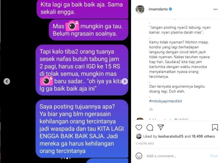 Imam Darto adu argumen dengan netizen yang nyinyir soal Covid-19. (Instagram/imamdarto)