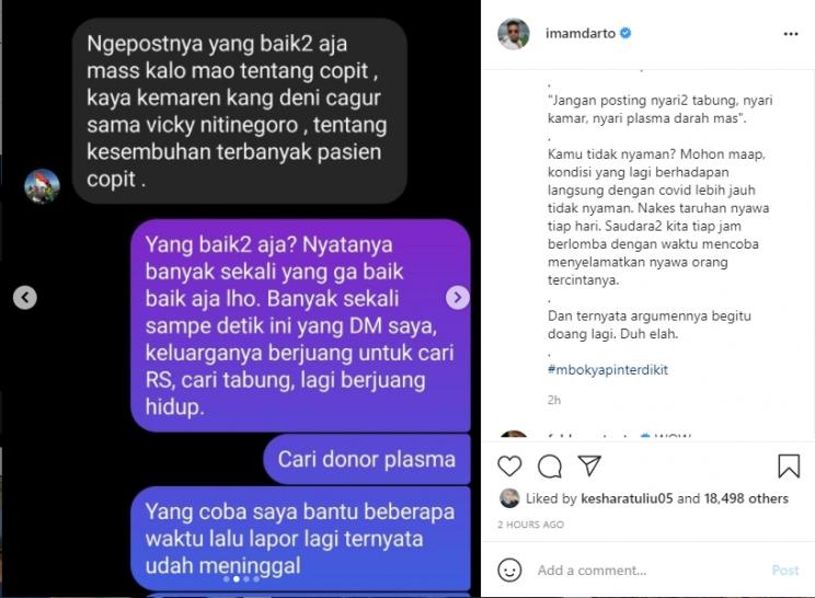 Imam Darto adu argumen dengan netizen yang nyinyir soal Covid-19. (Instagram/imamdarto)
