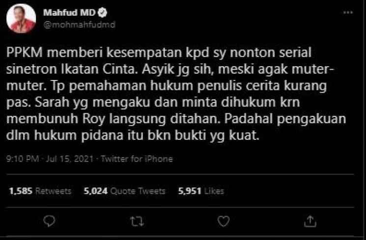 Kicauan Mahfud MD. (Twitter)