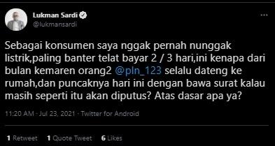Lukman Sardi curhat soal listrik di rumahnya akan diputus. (Twitter)