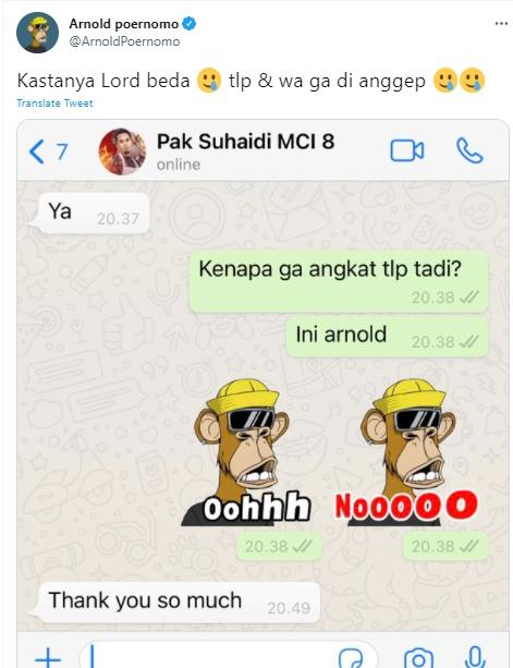Chef Arnold memperlihatkan isi percakapannya di WhatsApp dengan Lord Adi. (Twitter/ArnoldPoernomo)